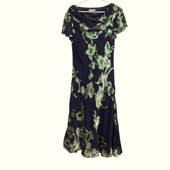 Jacques Vert Cowl Neck, Wedding Guest Dress, Silk Blend Blue w Green - Picture 1 of 13